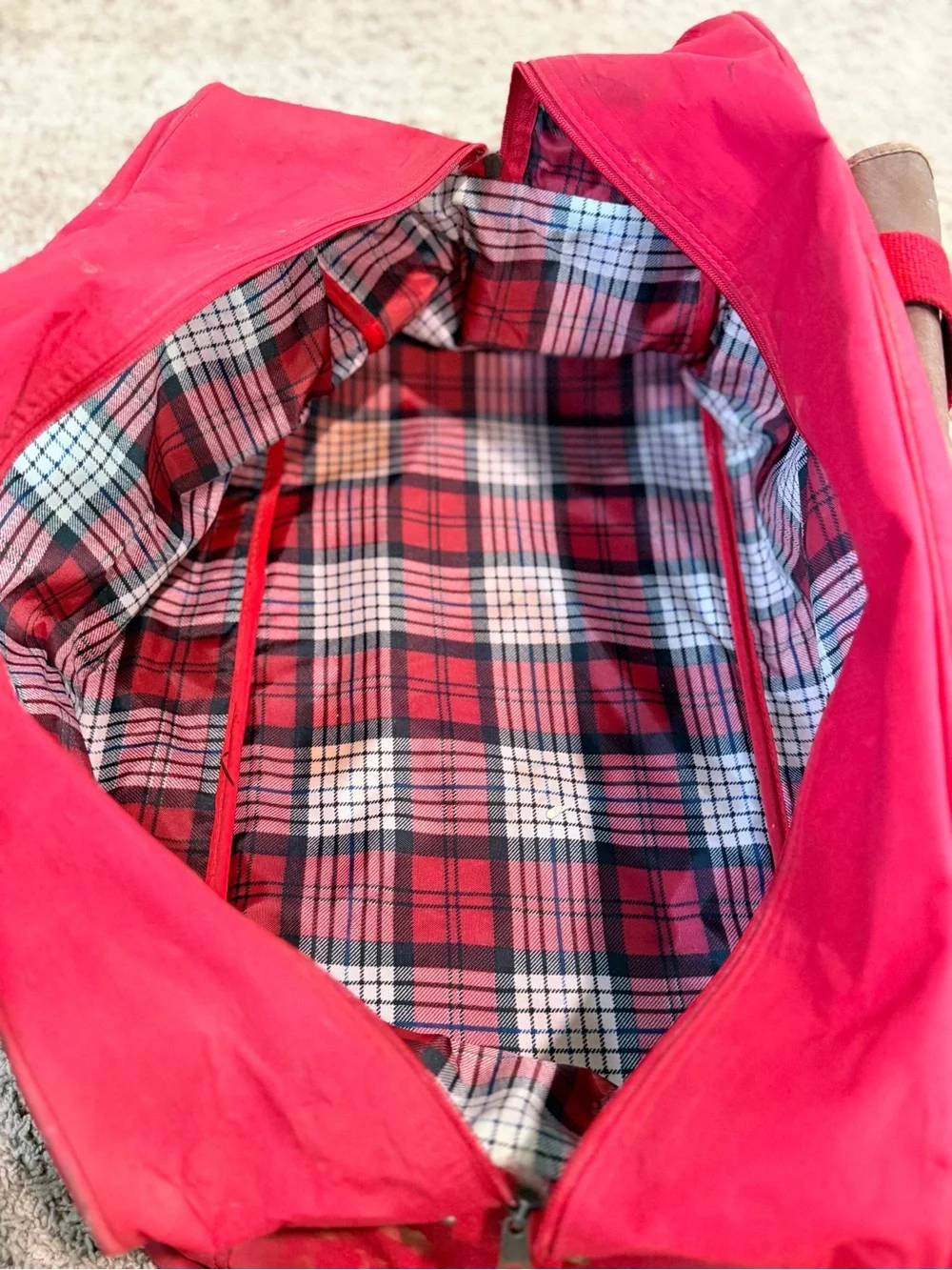 Vintage Marlboro Country Store Travel Duffle Bag Red Leather Straps Plaid Lined